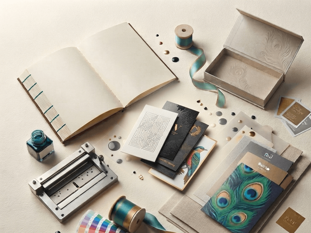 A flat-lay of printing materials on a cream ground: an open blank notebook, a bottle of teal ink, a metal die, ribbon spools, an embossed presentation box, a fan of printed sample cards including an embossed geometric card, black cards with gold foil and a kingfisher print, and a peacock-feather print on textured stock.