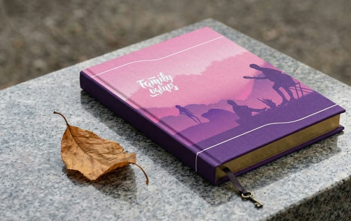 A hardbound notebook with a custom printed 'Family Values' wrapper in pink and purple, resting on a stone surface.
