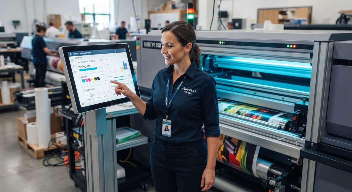 A printing press operator adjusting digital settings on a modern large-format printer screen in a high-tech industrial environment.