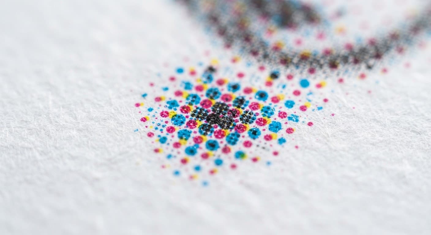 Macro shot of CMYK ink droplets on a white textured paper surface.