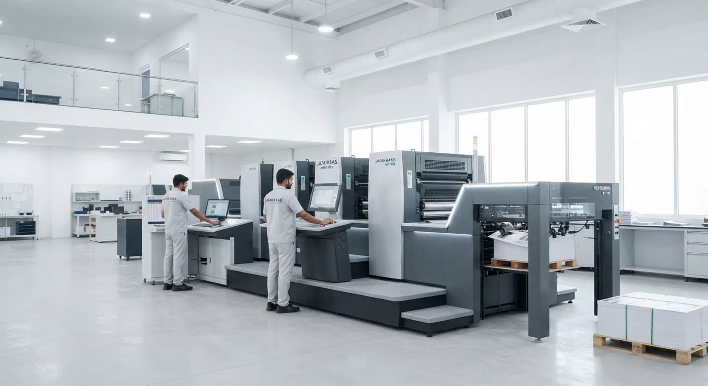 A modern printing facility with industrial-grade offset printers in a bright, white-walled room.