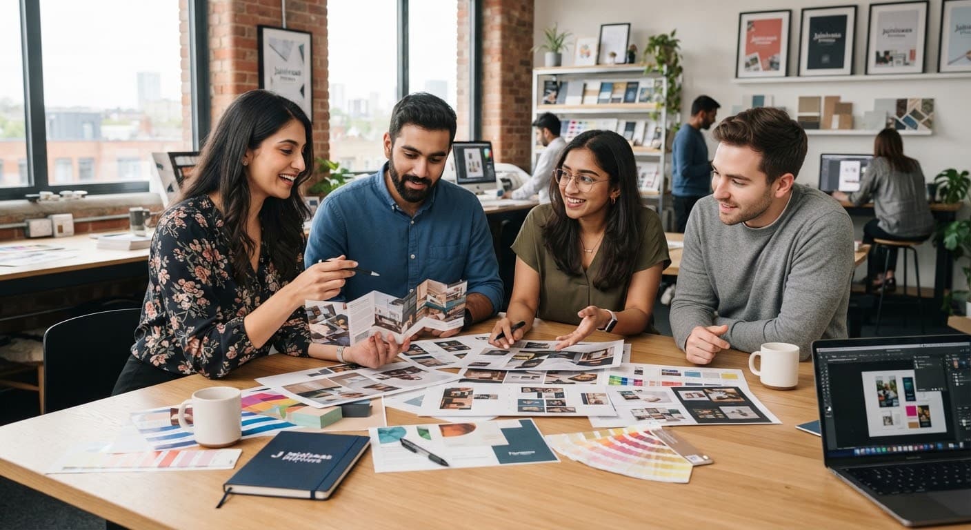 A team collaborating over a set of print proofs laid out on a white table in a bright modern studio.