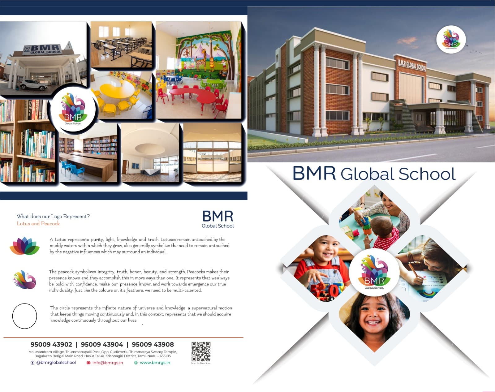 The outer spread of a brochure for BMR Global School, Hosur: the school building on the cover panel, a photo montage of classrooms and the library, an explanation of the lotus-and-peacock logo, and the school's contact details and a QR code along the foot.