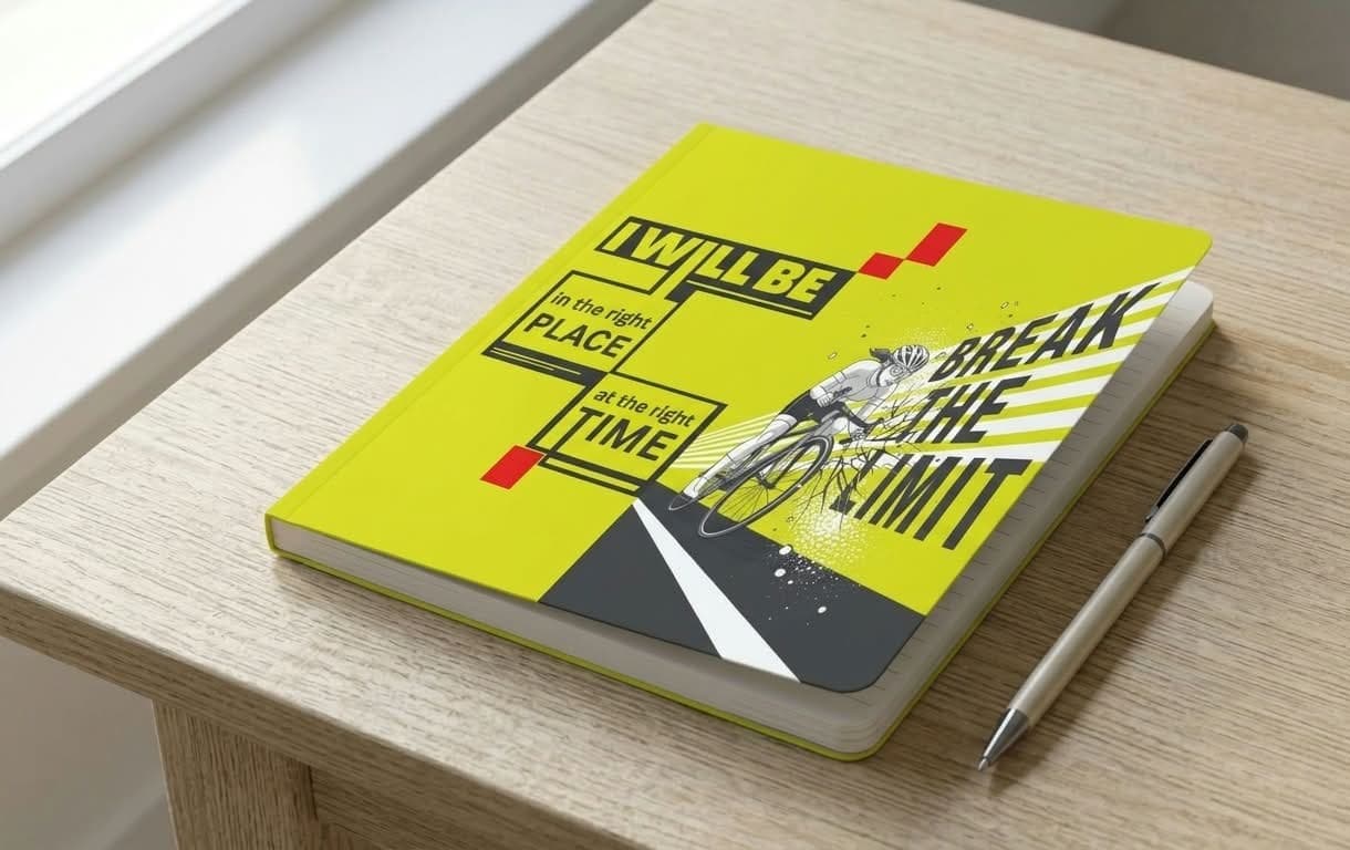 A rendered lime-green notebook on a wooden desk beside a pen, its cover carrying the “Break the Limit” cyclist and block-type design.