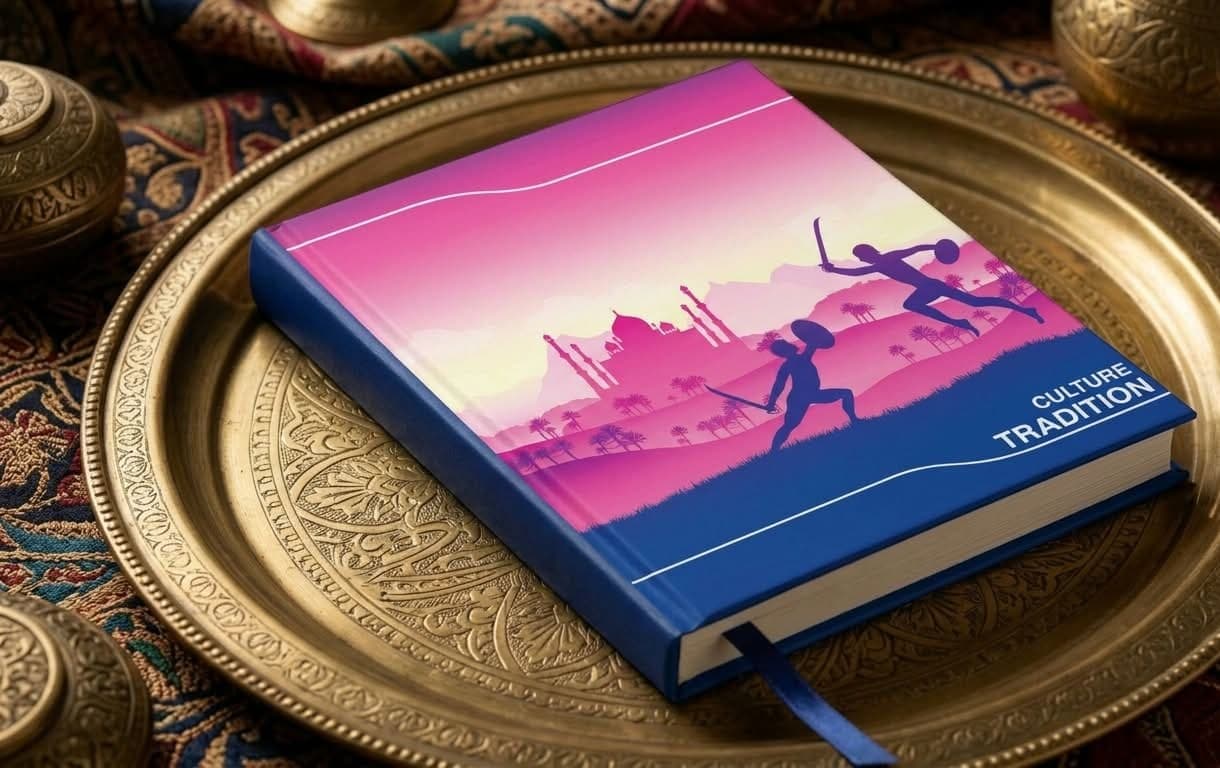A rendered hardbound notebook resting on an engraved brass plate, its cover carrying the pink and blue “Culture Tradition” wrapper design of dancers before a domed palace.