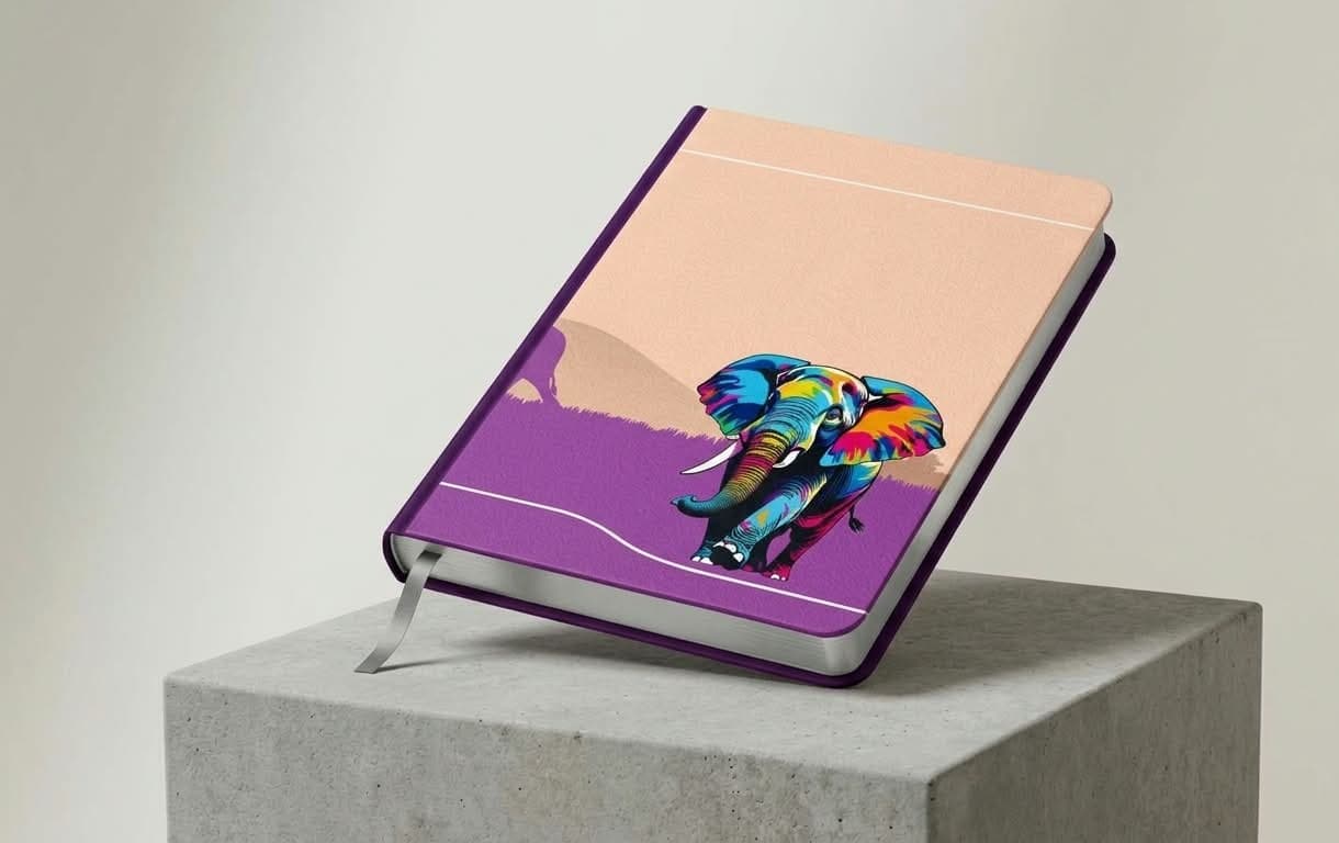 A hardbound notebook on a concrete plinth, its cover printed with the Elephants wrapper design — a brightly painted elephant on a purple and peach savannah.