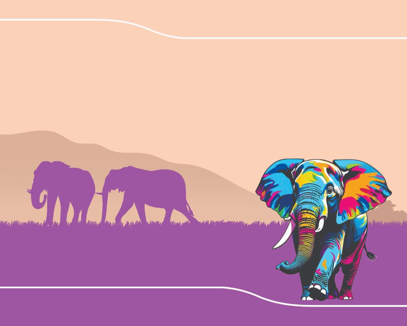 The Elephants wrapper design: a brightly painted elephant walking out of a purple savannah, with two silhouetted elephants behind it under a peach sky.