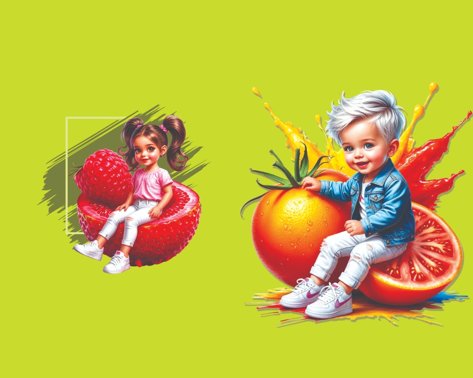Notebook wrapper design. Two illustrated toddlers seated on an oversized raspberry and orange against a lime ground.