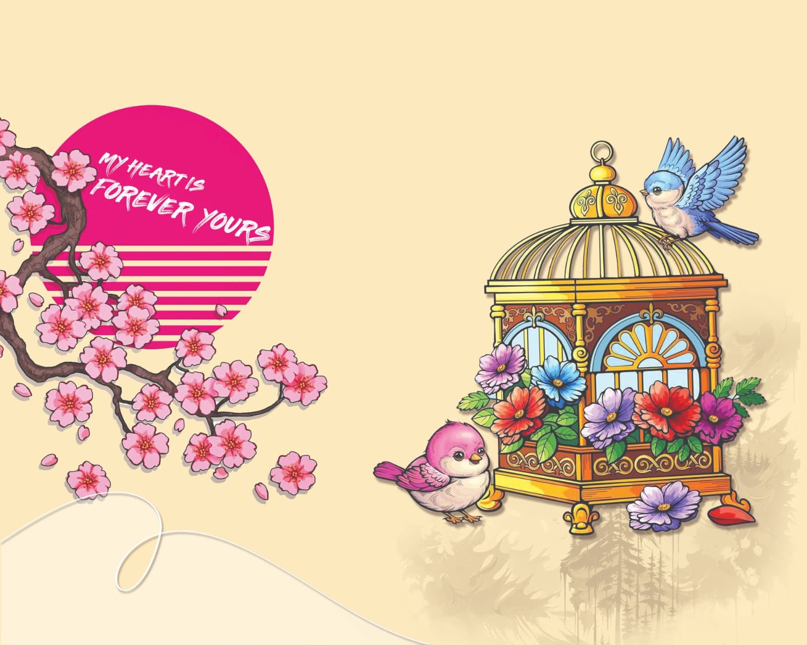 Notebook wrapper design. Cherry blossom over a magenta sun, with an ornate gilded birdcage, flowers and bluebirds on cream.