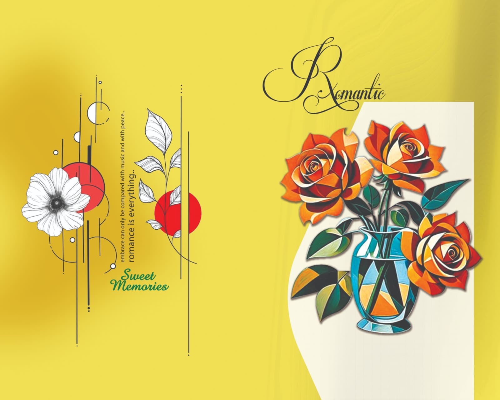Notebook wrapper design. Line-art blossoms beside a painted vase of orange roses on a soft yellow ground.