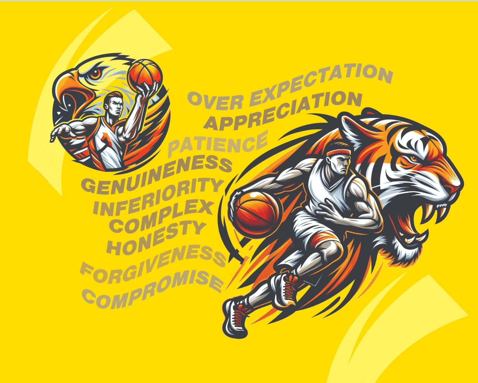 Notebook wrapper design. A stylised tiger and a basketball player bursting across a bright yellow ground, with an eagle crest and a column of words about character.