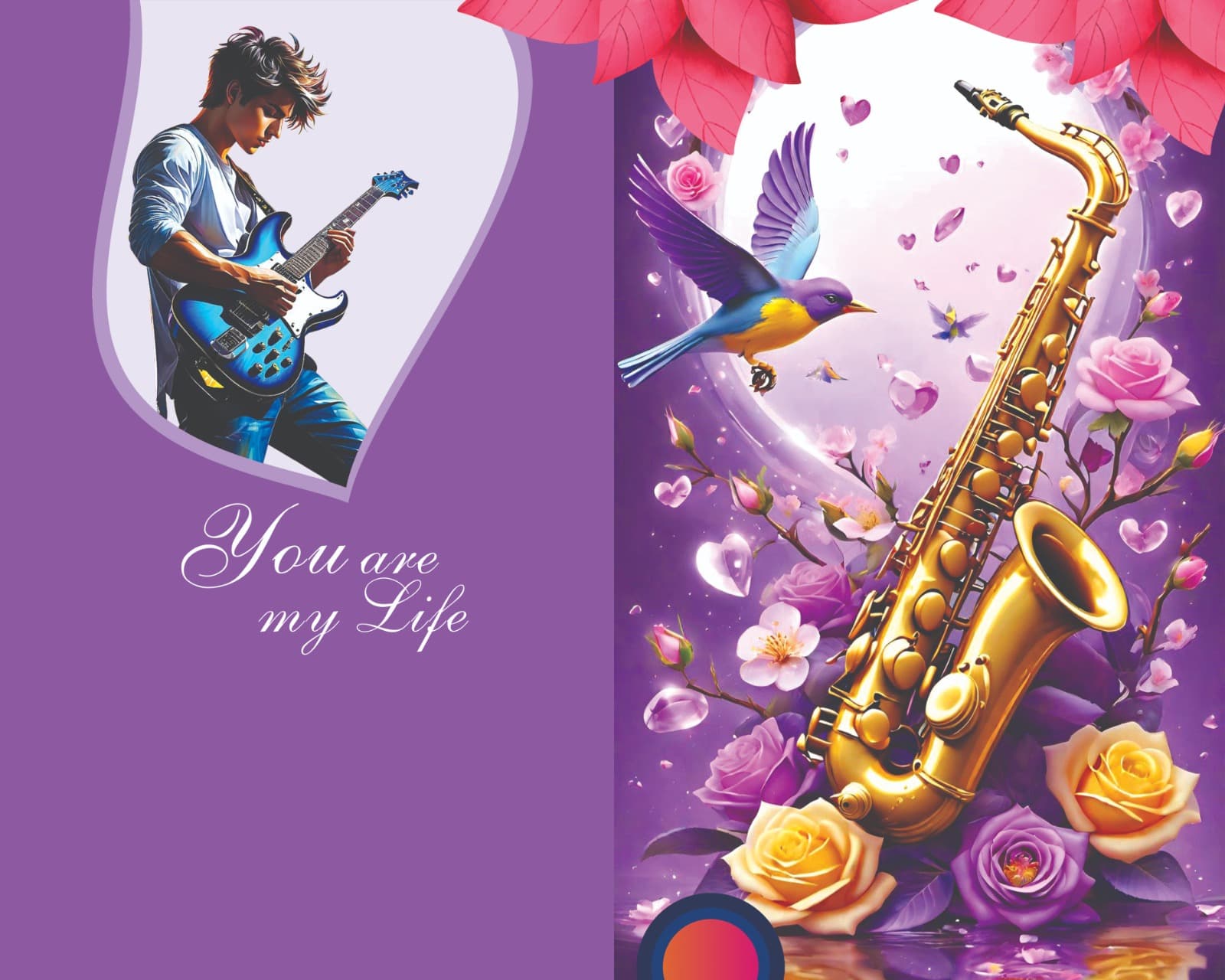 Notebook wrapper design. A guitarist on a purple ground facing a golden saxophone wreathed in roses, blossom and a bird.