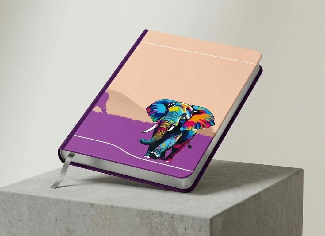 A hardbound notebook with a custom printed wrapper — a colourful elephant illustration on a peach and purple cover.
